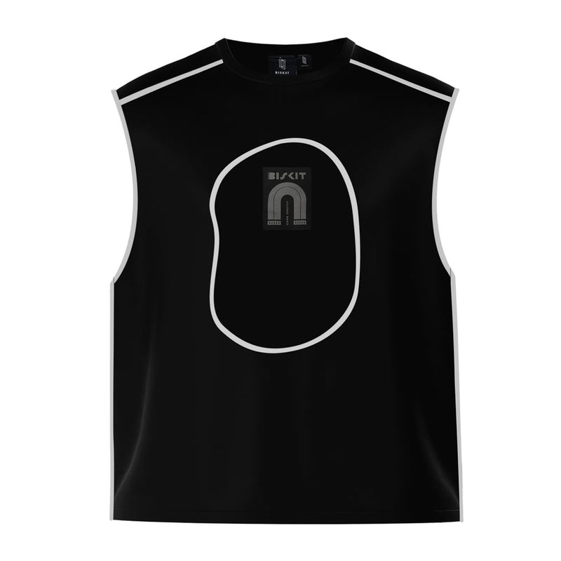 Good energy black sleeveless t-shirt with white piping