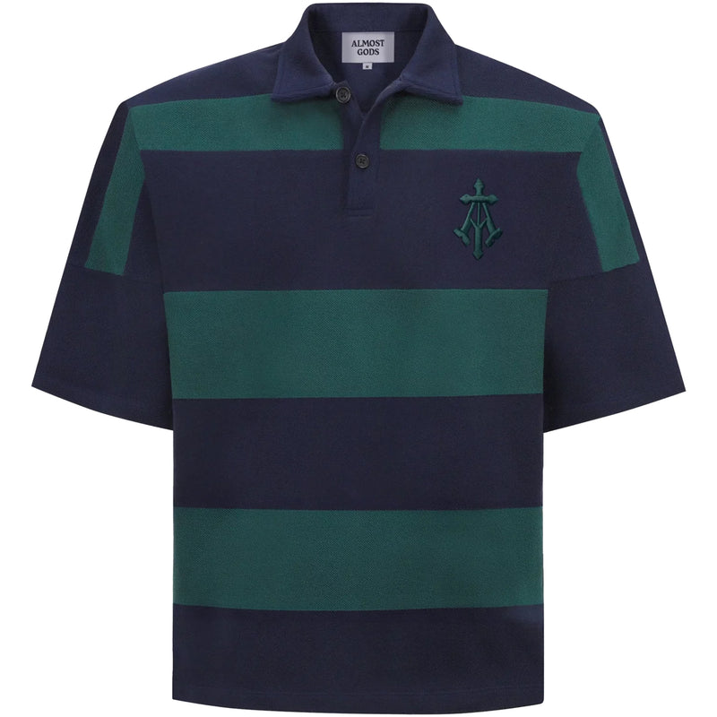 Alpha Cross Woven Striped Polo (Navy & Green)