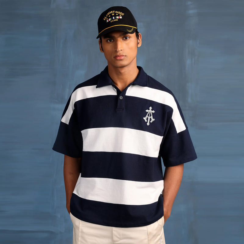 Alpha Cross Woven Striped Polo (Navy & White)