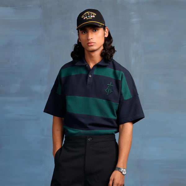 Alpha Cross Woven Striped Polo (Navy & Green)