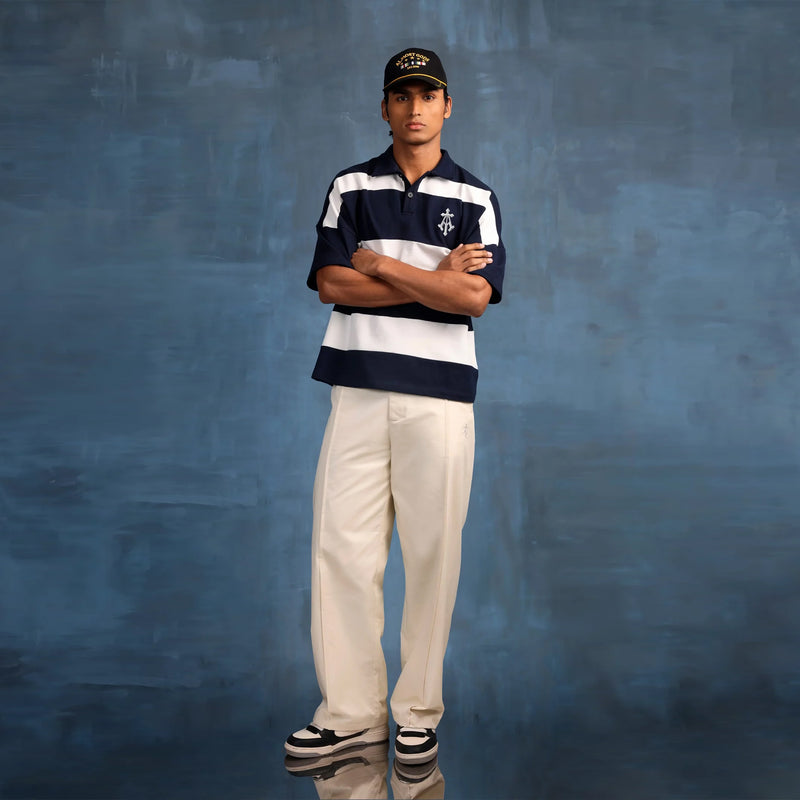 Alpha Cross Woven Striped Polo (Navy & White)